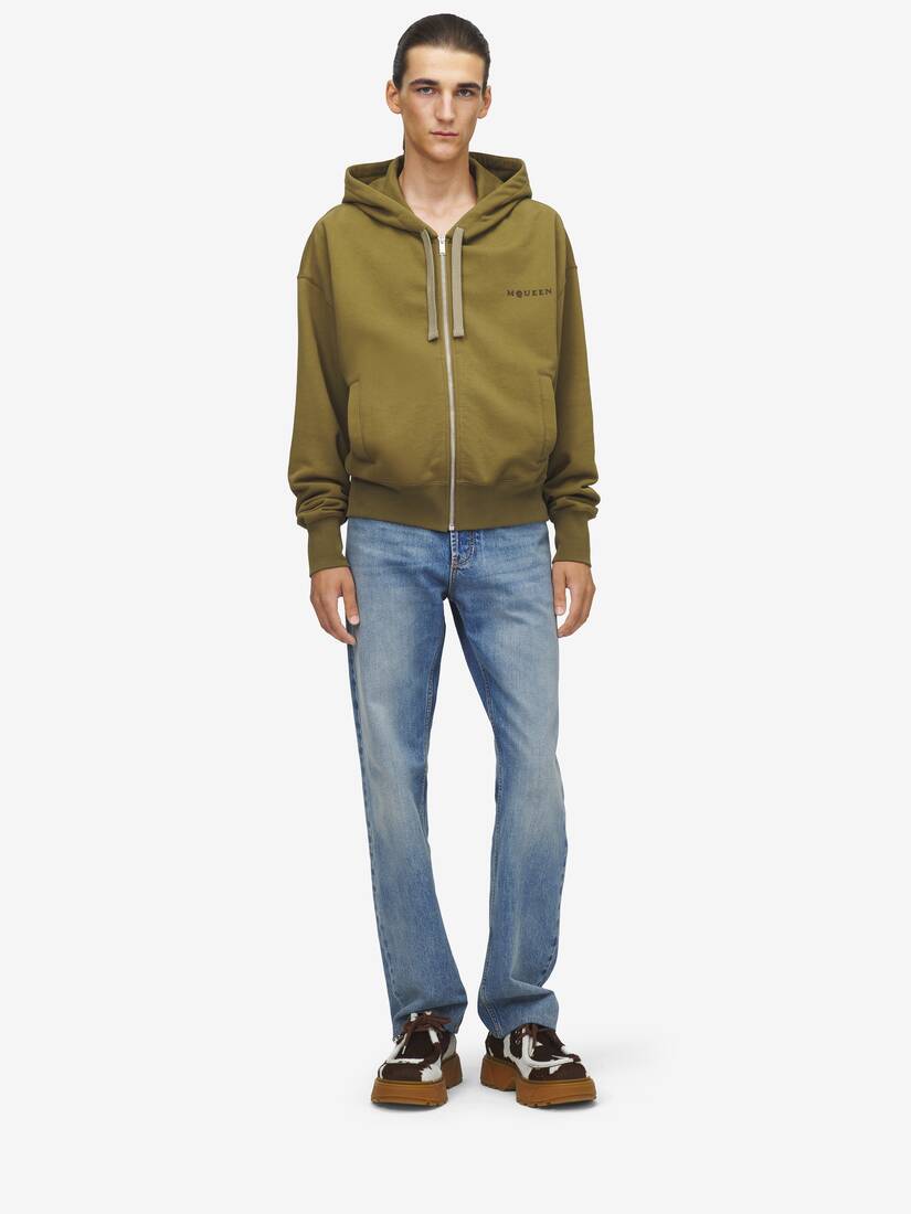 Men's Hooded Zip Through Sweatshirt in Green | McQueen US