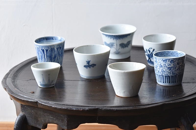 古伊万里 染付 三本竹と尾長鶏 広東型 蕎麦猪口 - 生活骨董と古布の