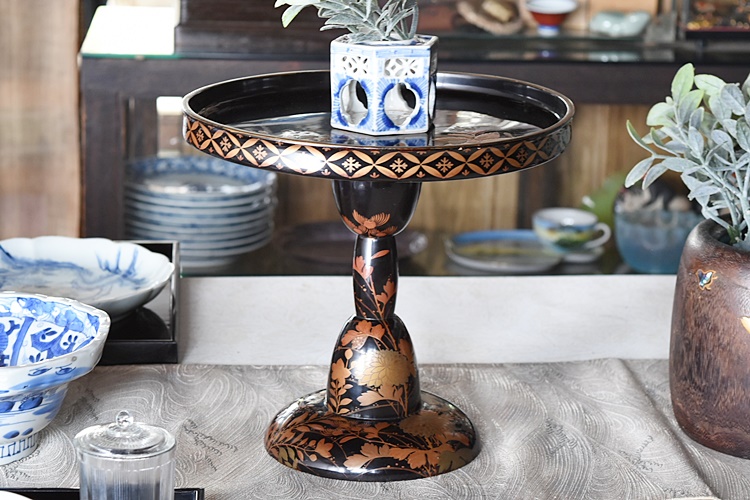 時代蒔絵 天然木製漆塗 草花金蒔絵 七宝繋ぎ模様 高月 - 生活骨董と