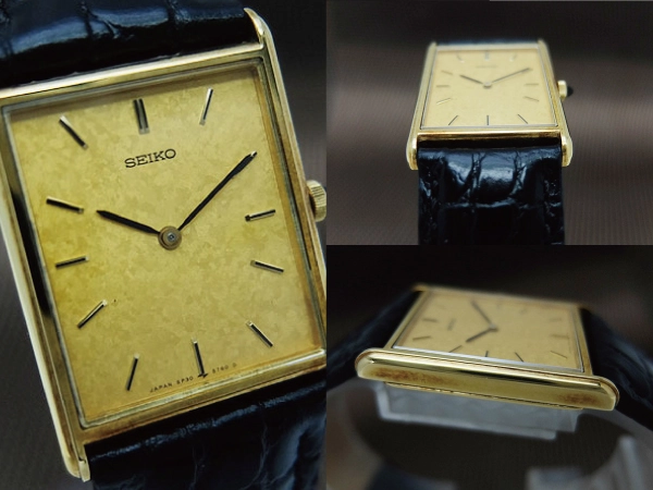 JA-2865| セイコー クオーツ 5P30-5500 18KT 薄型スクエア 槌打ち模様