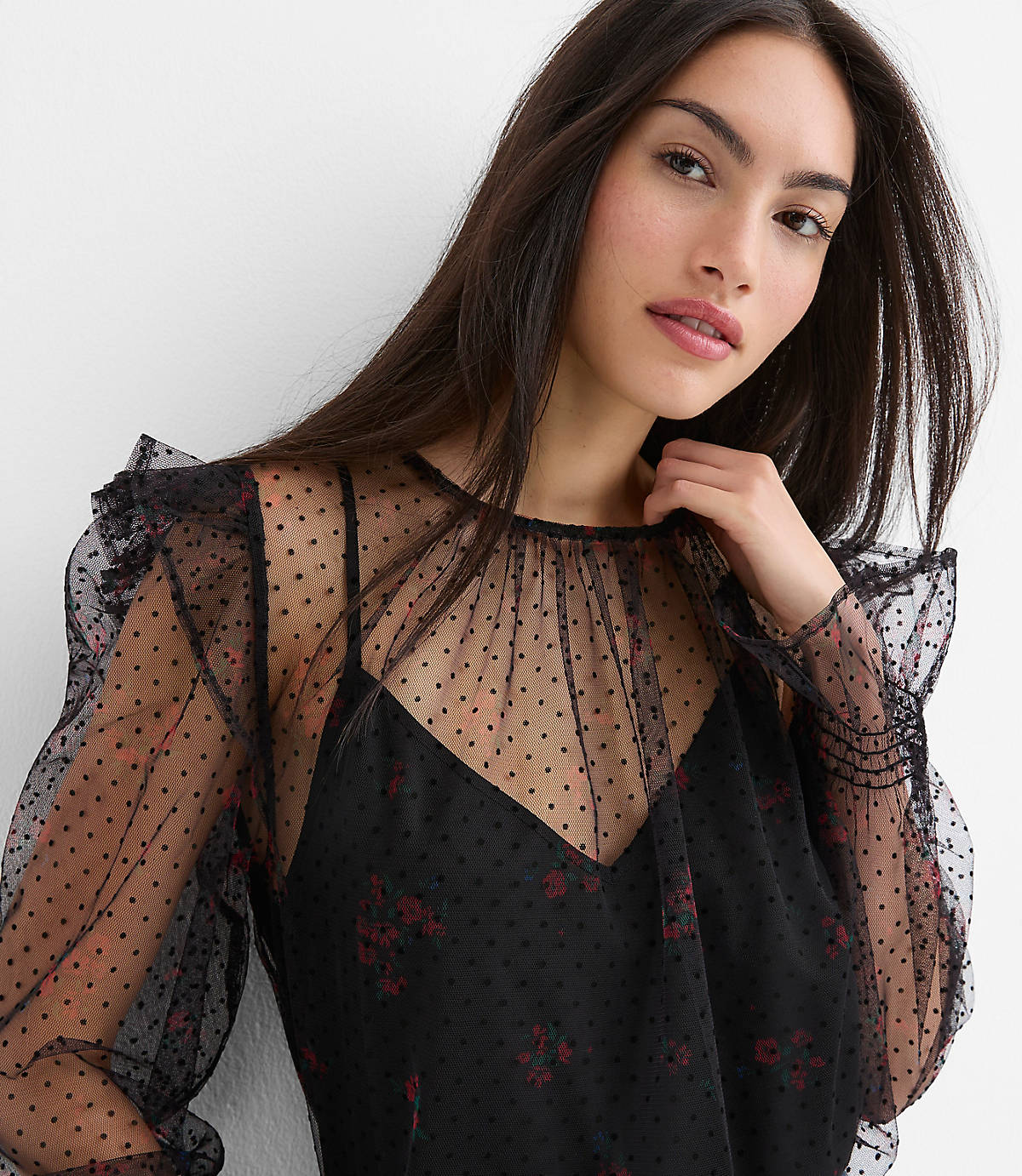 Velvet Dot Tulle Floral Cami Blouse