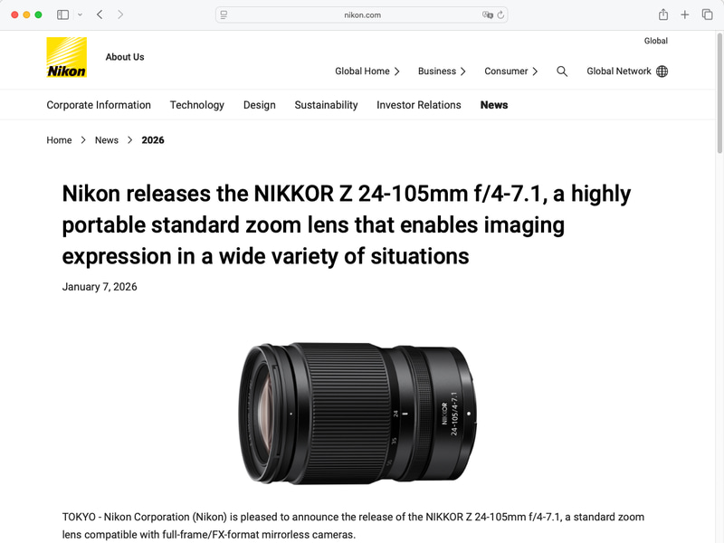 ニコンが交換レンズ「NIKKOR Z 24-105mm f/4-7.1」を海外で発表