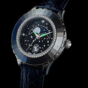 Octea moon watch, Swiss Made, Moon, Leather strap, Blue, Stainless