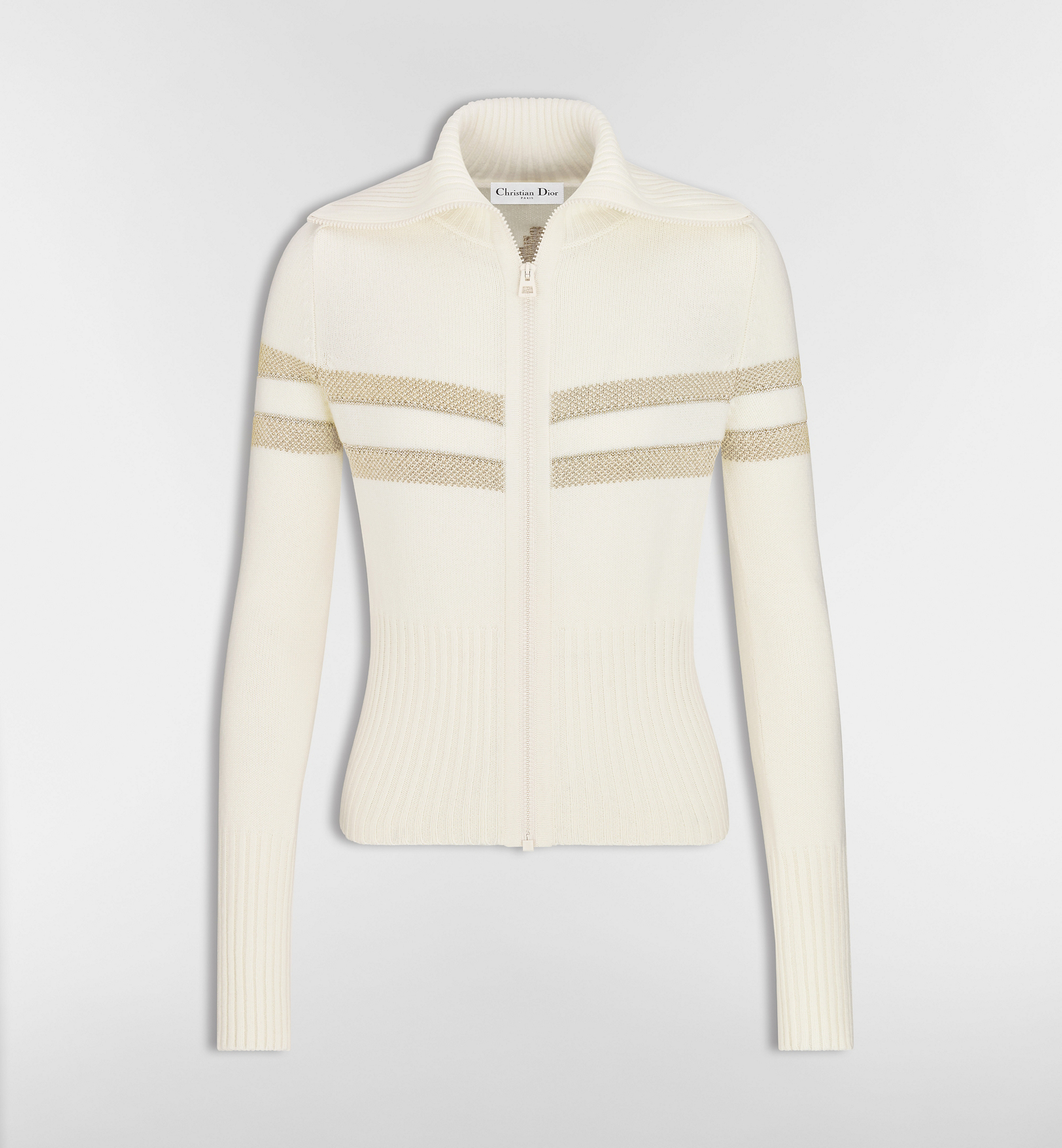 DiorAlps Mock Neck Cardigan Ecru Virgin Wool-Cashmere-Blend Knit