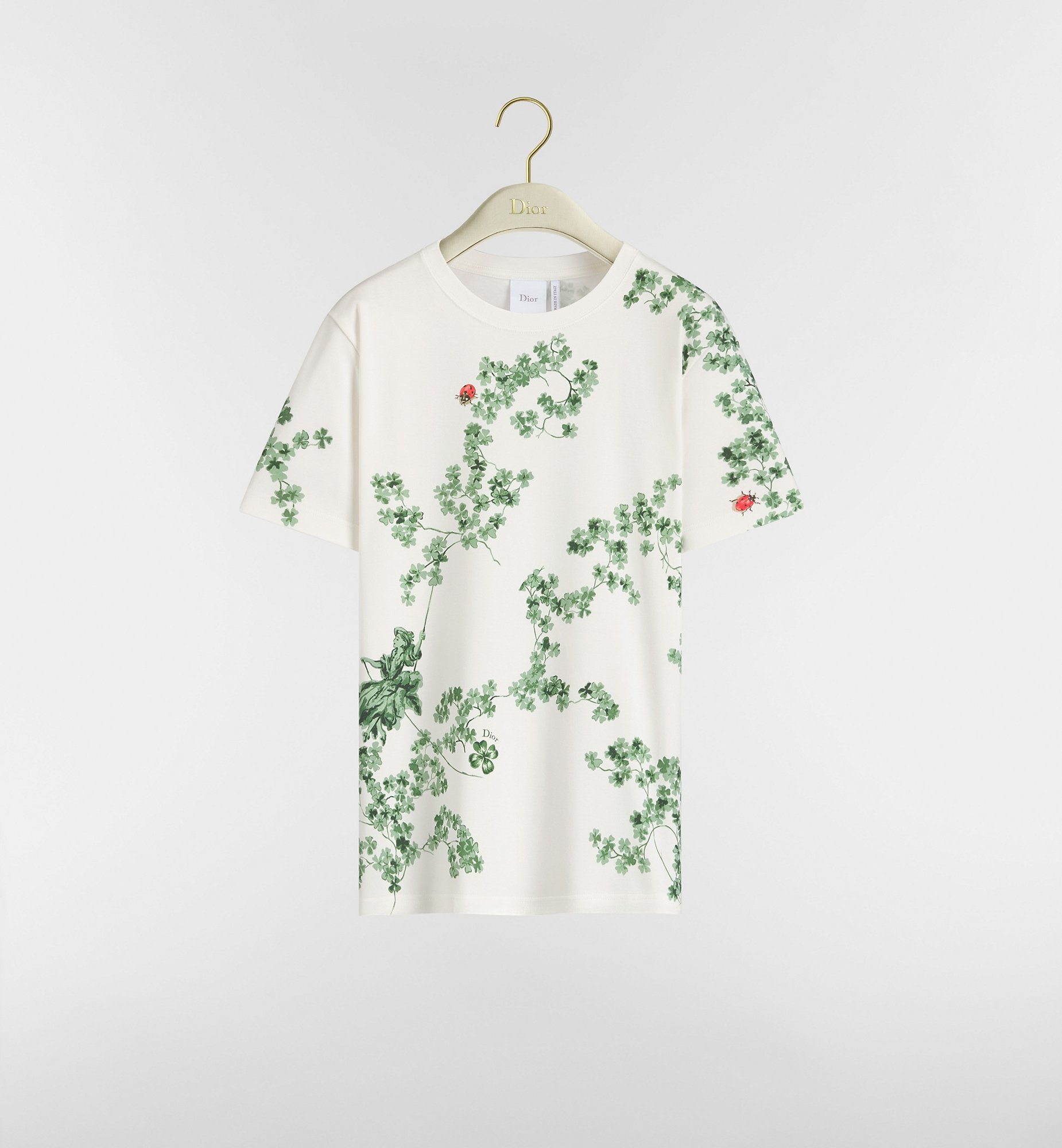 Fitted T-Shirt White Cotton Jersey with Green Toile de Jouy Clover