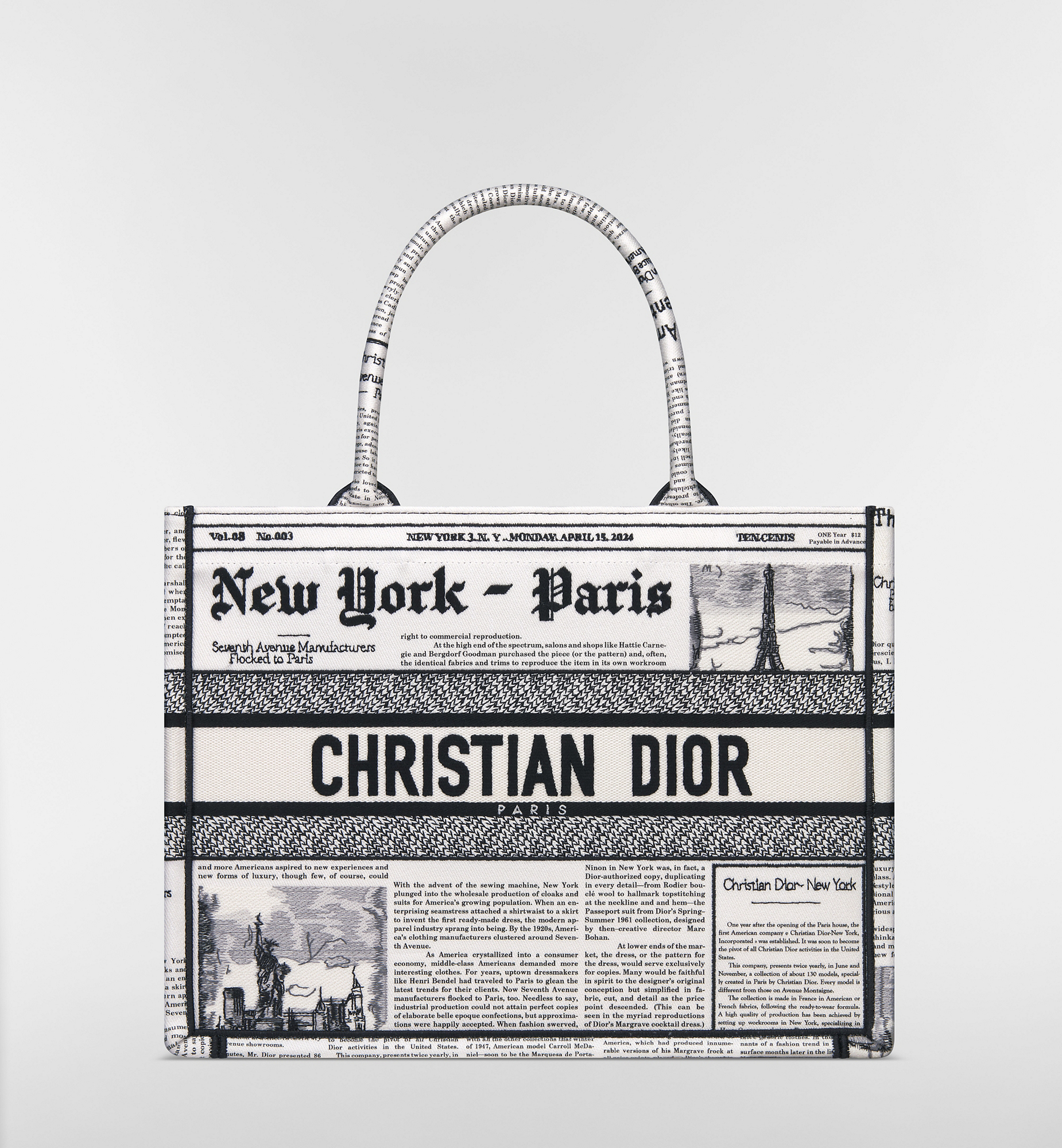 Medium Dior Book Tote White and Black Newspaper Embroidery (36 x