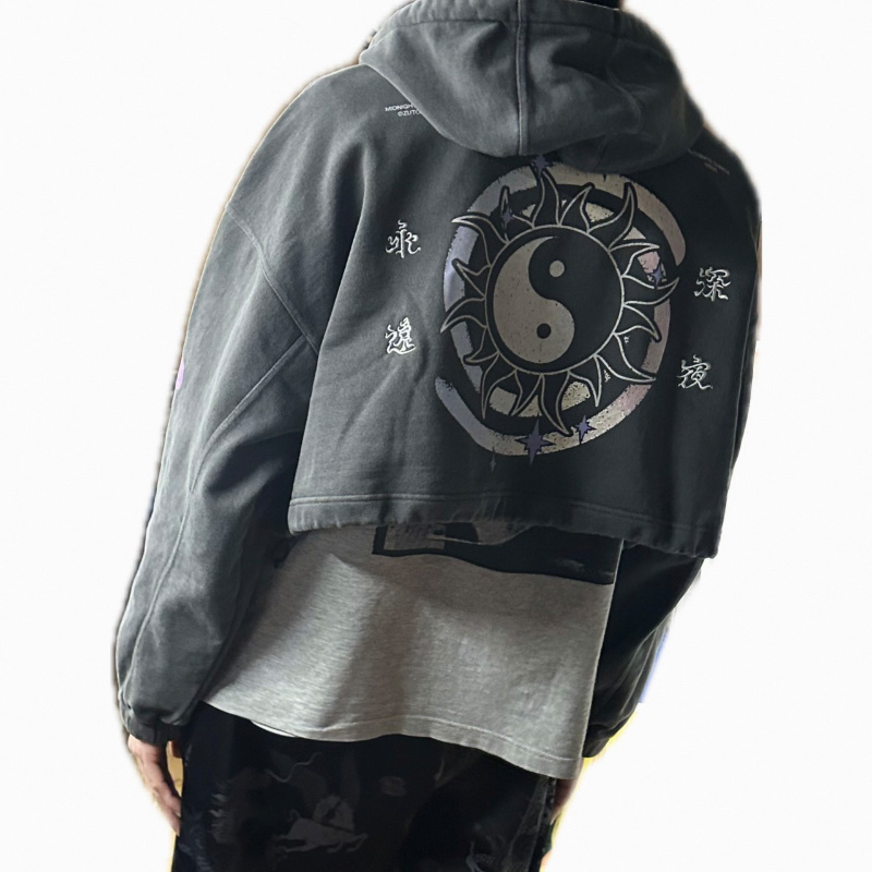 Short 陰陽 Vintage Zipup Hoodie (Gray) - ZUTOMAYO MART