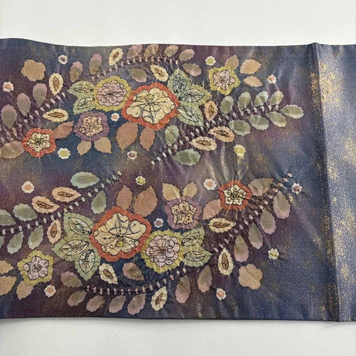 美品】 袋帯 名品 落款 辻が花 金通し 青紫 お太鼓柄 正絹 【中古