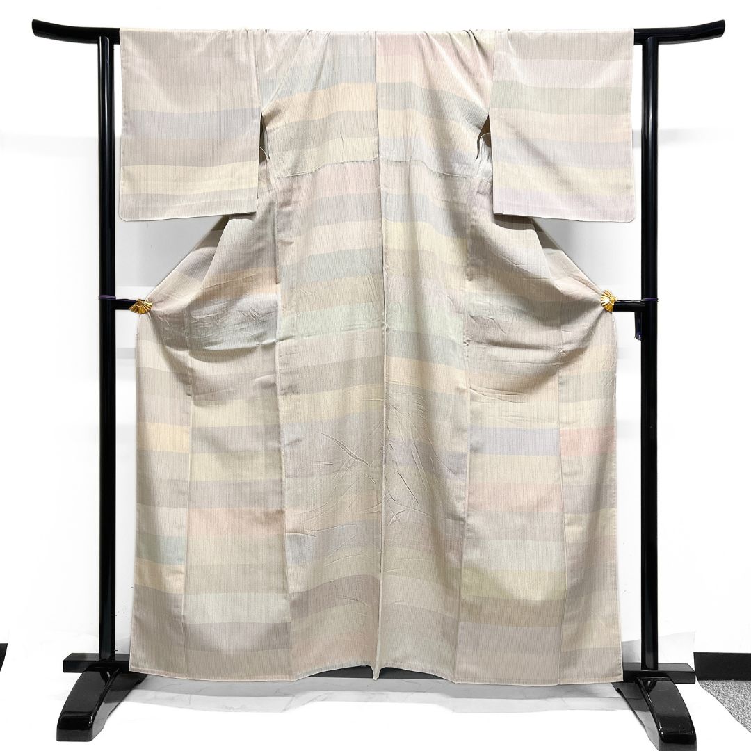 小紋 紬 単衣 横縞 くすみパステル カラー お洒落 着物 123b ショップ