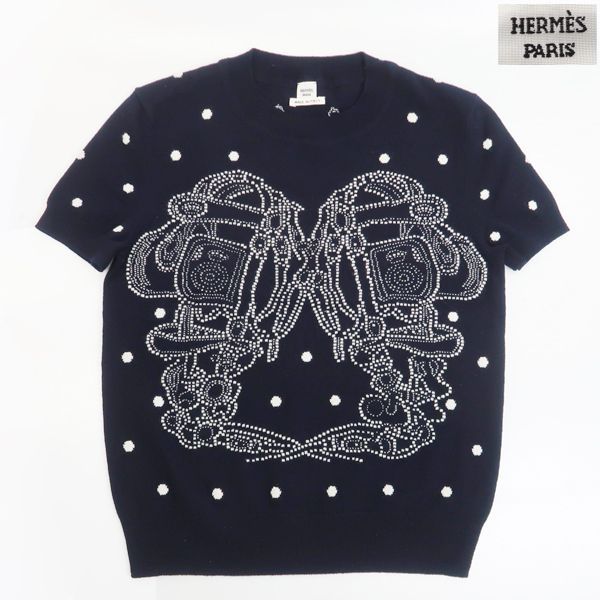 HERMES ニット 半袖 BRIDES de GALA ネイビー #38 カシミヤ セーター