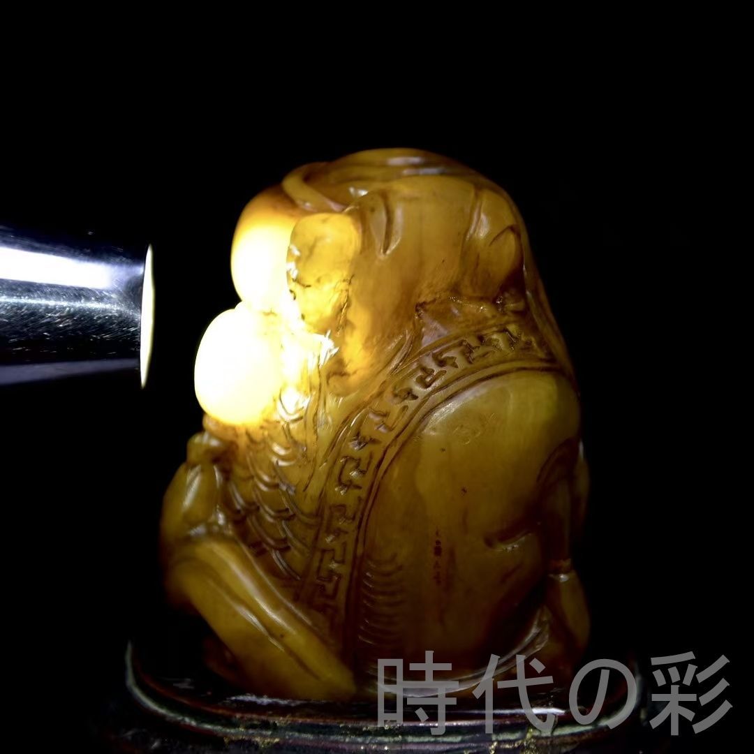 旧蔵 田黄石 古獣置物】老木箱付 寿山石 林皋作 丁卯年 中国古美術