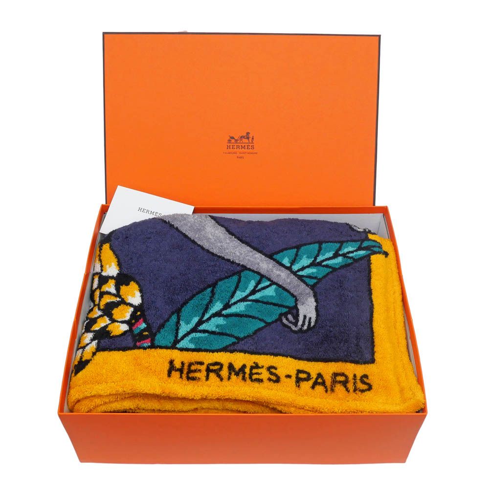 名東】エルメス ビーチタオル 大判 レオパード モンキー 豹 猿 マルチ