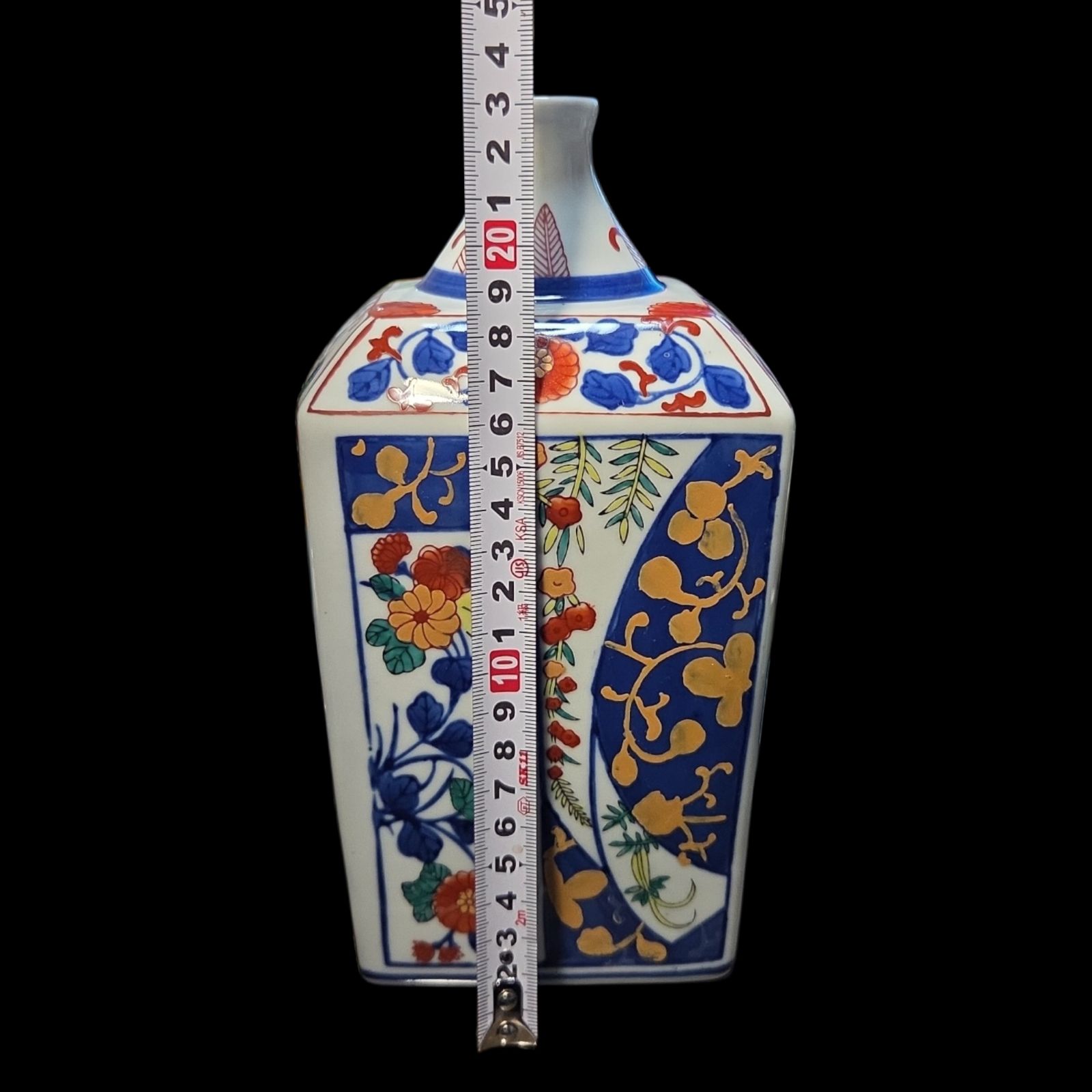 古伊万里 色絵金襴手 松竹梅花唐草模様四方瓶 角徳利 酒器 四方瓶