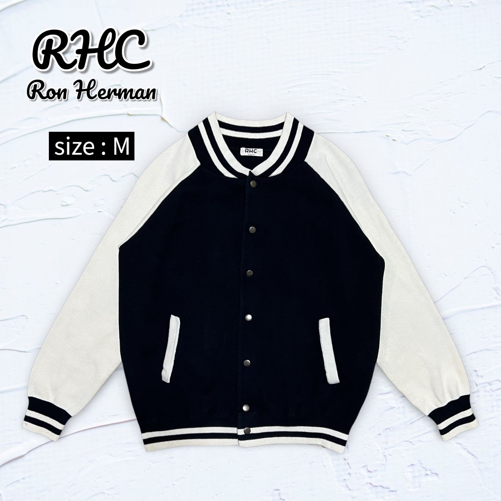 美品】RHC Ron Herman ニットスタジャン M メンズ ブラック×ホワイト