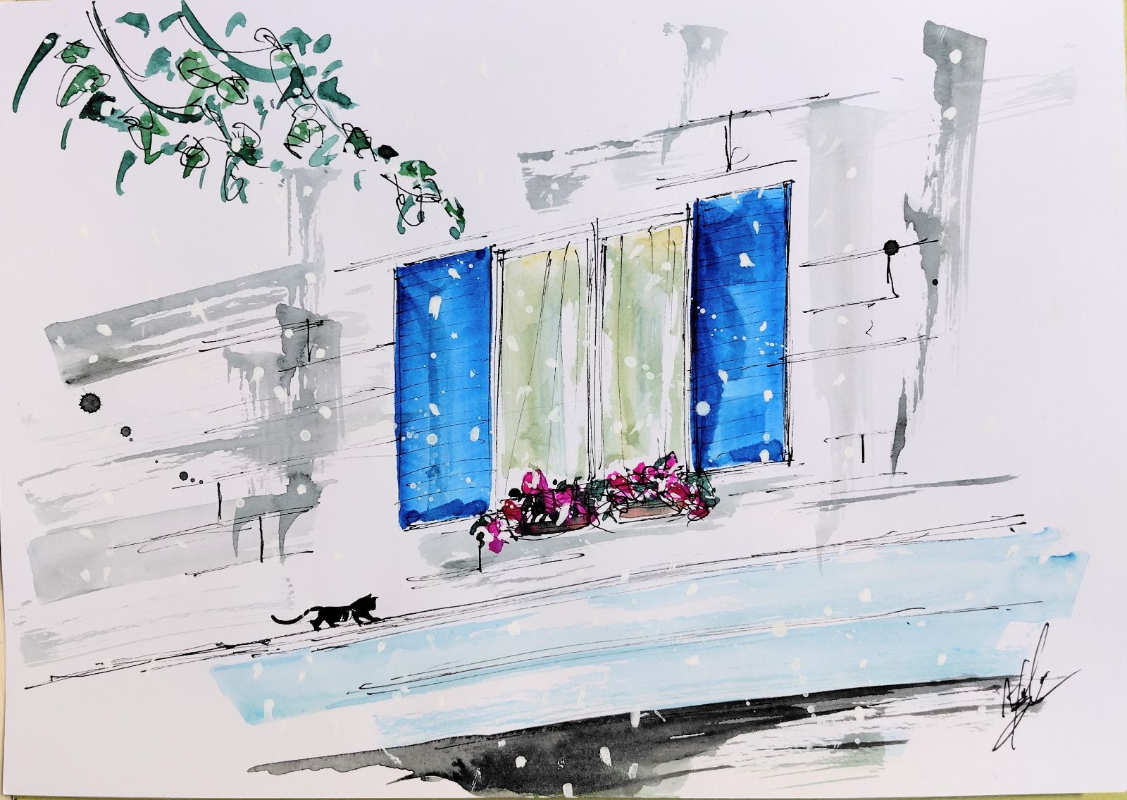 原画#378 黒猫 猫 雪 窓 フランス 水彩画 ドローイング インテリア