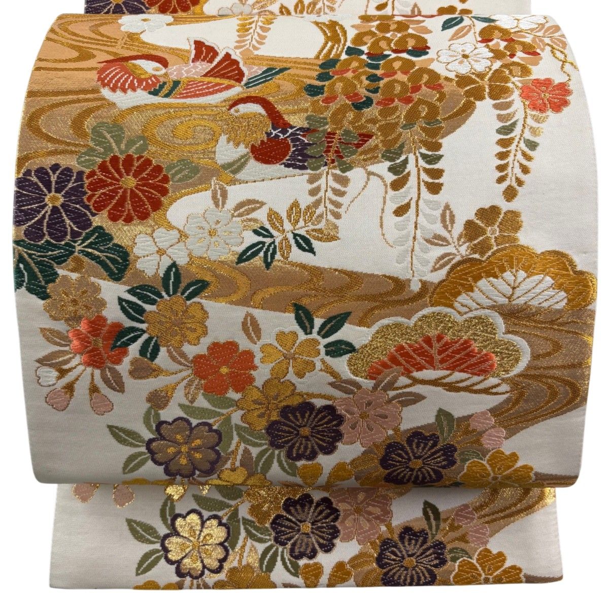 美品】 袋帯 秀品 桜 鴛鴦 唐織 金糸 クリーム 六通 正絹 【中古