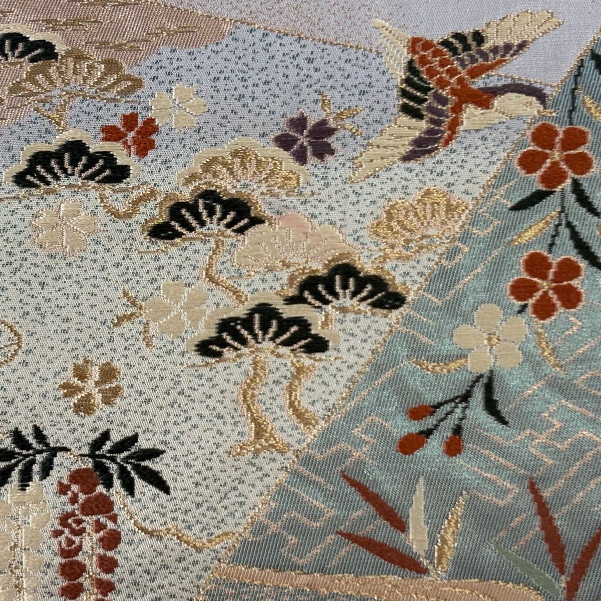 袋帯 秀品 関西仕立て 鳥 草花 刺繍 金糸 薄青緑 六通 正絹 【中古