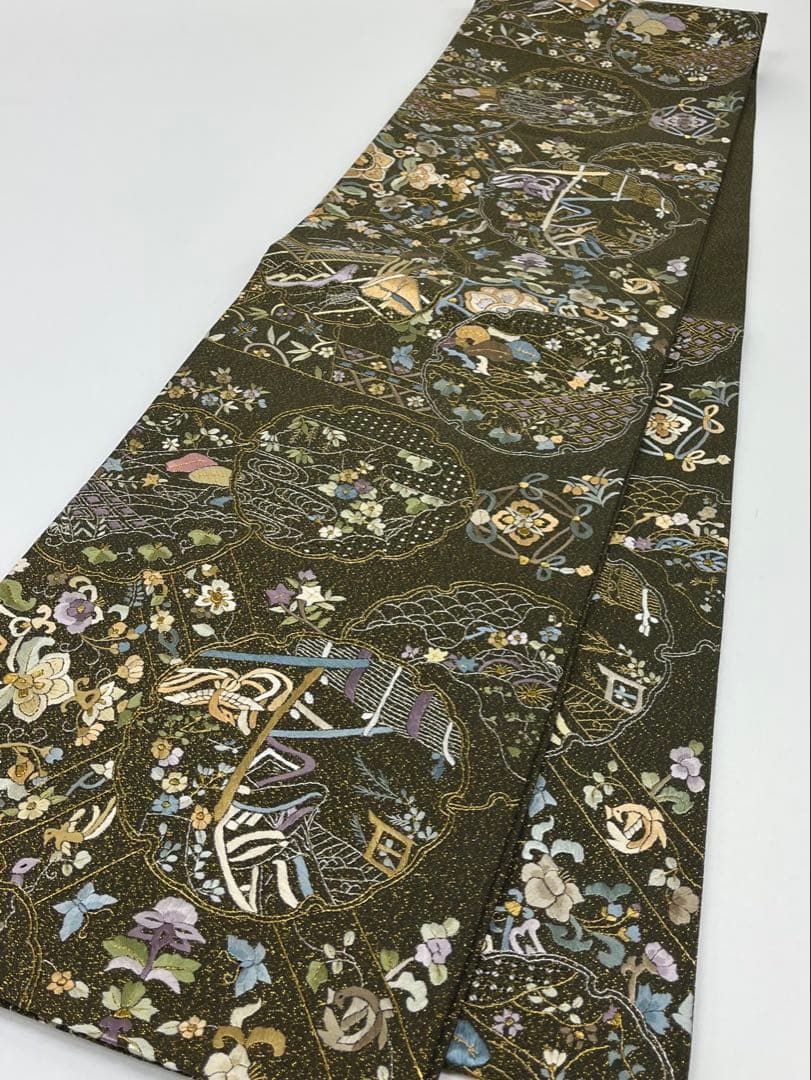 蘇州刺繍 汕頭刺繍 明綴れ地 袋帯 鳳凰 鳥 雪輪 金通し 正絹 六通 Q894