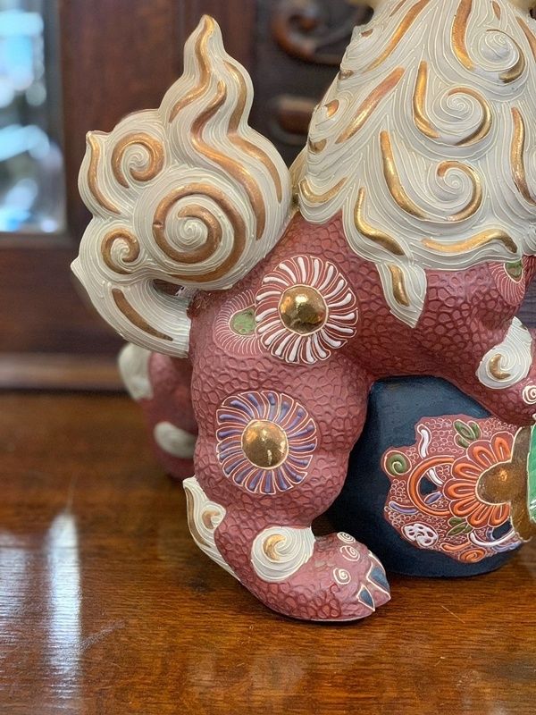 九谷焼 金彩色絵玉乗り獅子 狛犬シーサー置物 開運 魔除け 縁起物 高さ