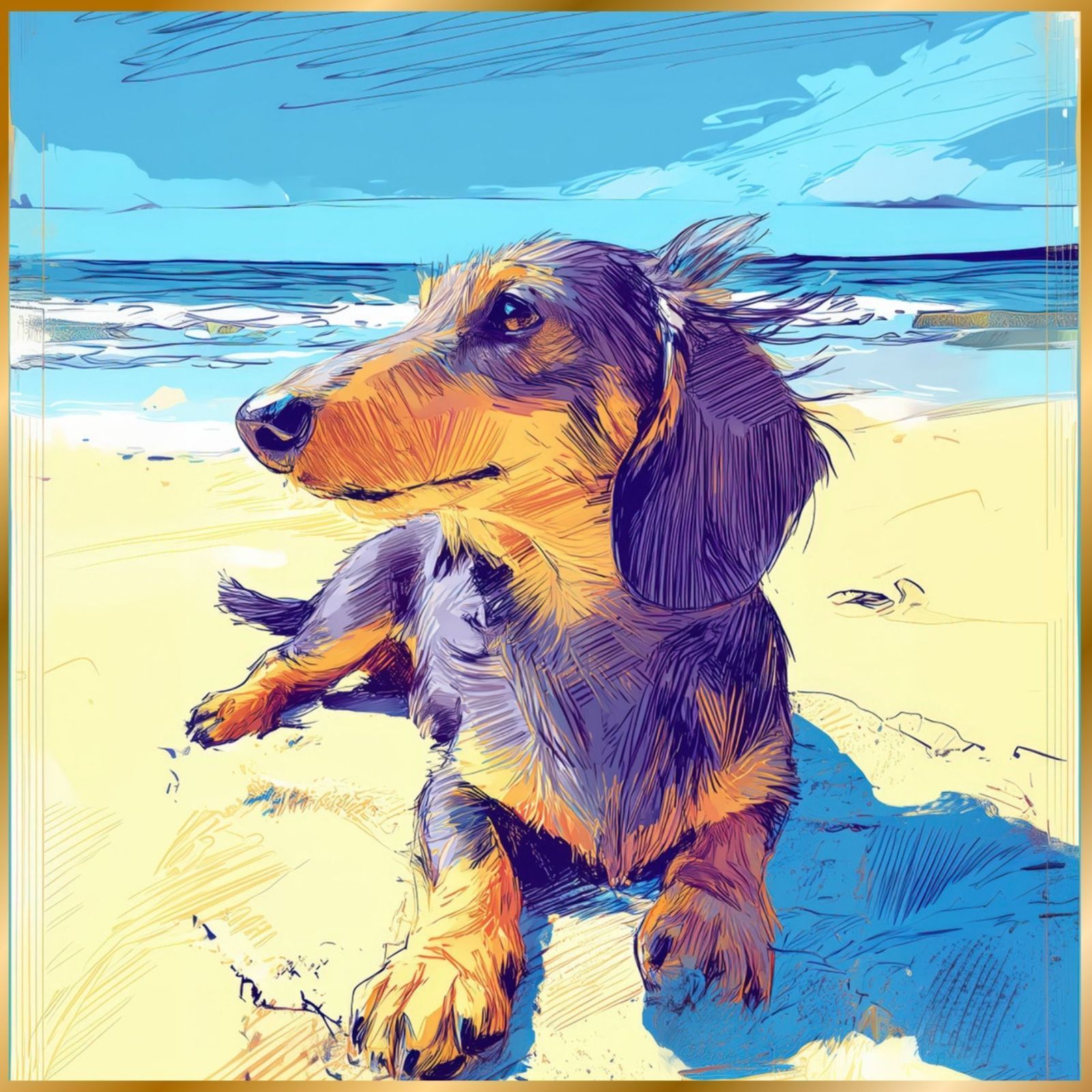 ダックスフンド犬とビーチのスケッチ No.2】ジークレー版画＊名入れOK