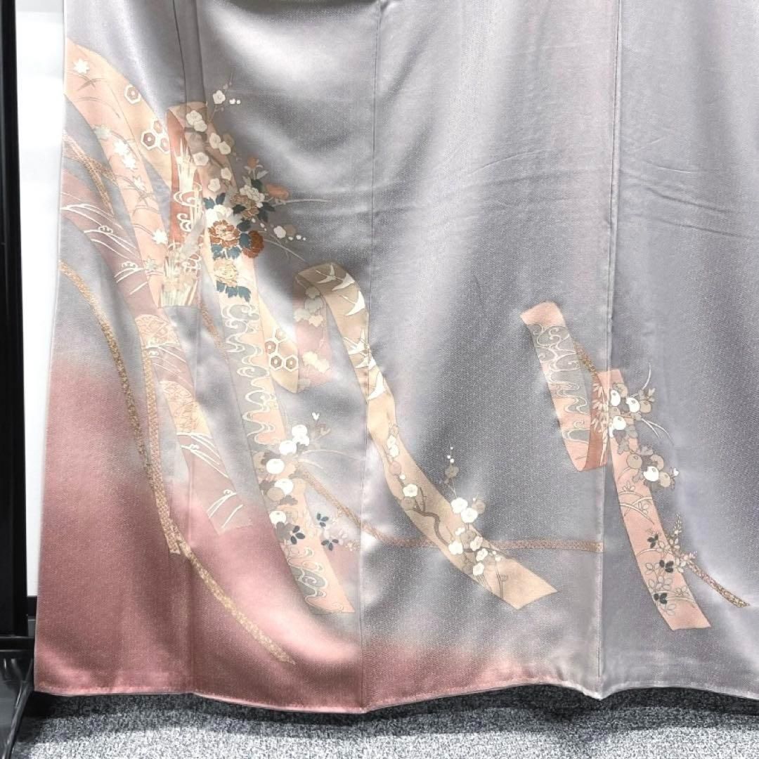 付け下げ 金通し 金駒刺繍 熨斗 牡丹 菖蒲 菊 グレー系 着物 062w d