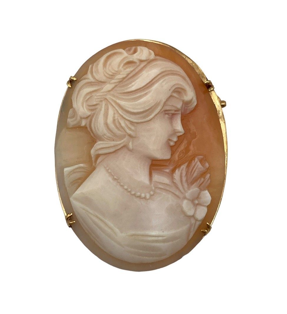 K18 シェルカメオ ブローチ ペンダントトップ 女性の横顔 中古 D4