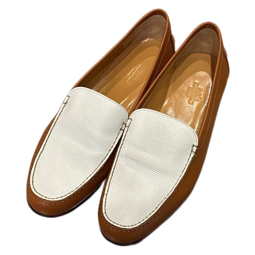 HERMES エルメス レザー モカシン シューズ ローファー ホワイト