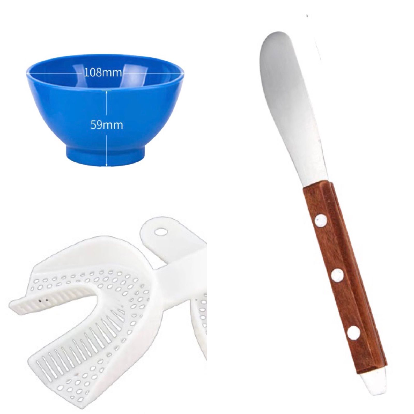 アルジネート印象材練和3点セット、ラバーカップ、スパチュラ、練習用