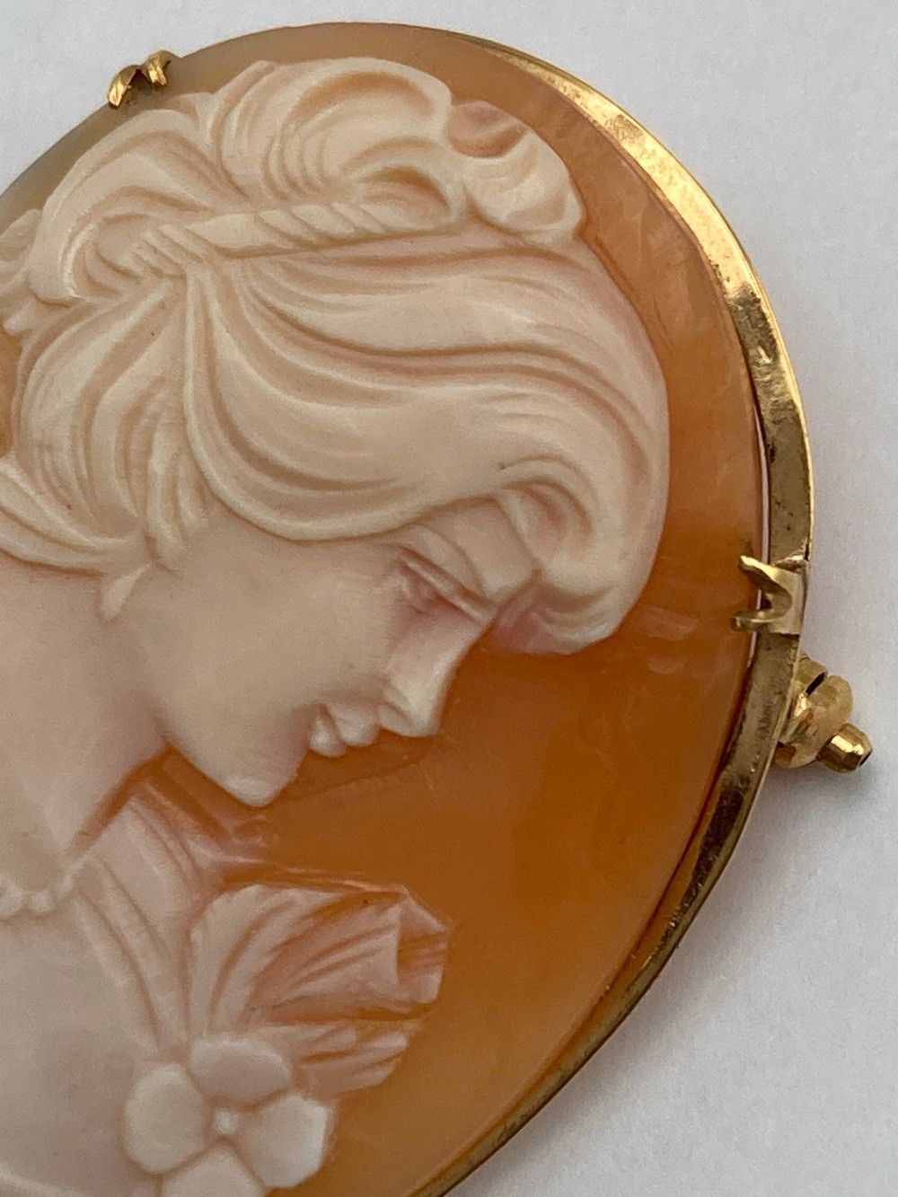 K18 シェルカメオ ブローチ ペンダントトップ 女性の横顔 中古 D4