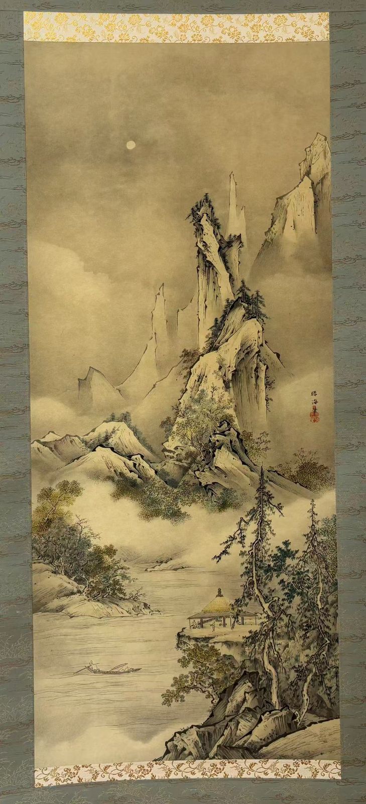 狩野 芳崖筆 月夜山水図 石版画軸装 200部の内第187部 掛軸 箱付き