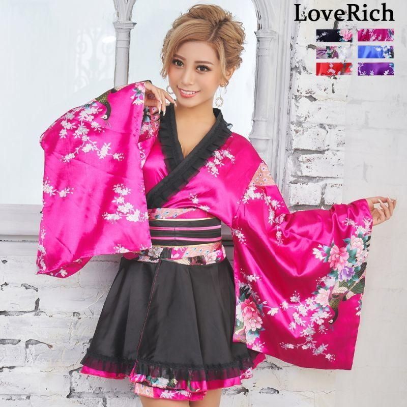 LoveRich ラブリッチ サテン和柄フリル花魁ミニ着物ドレス 和柄
