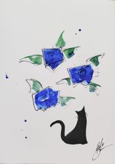 原画#337 黒猫 猫 薔薇 花 青 水彩画 ドローイング インテリア
