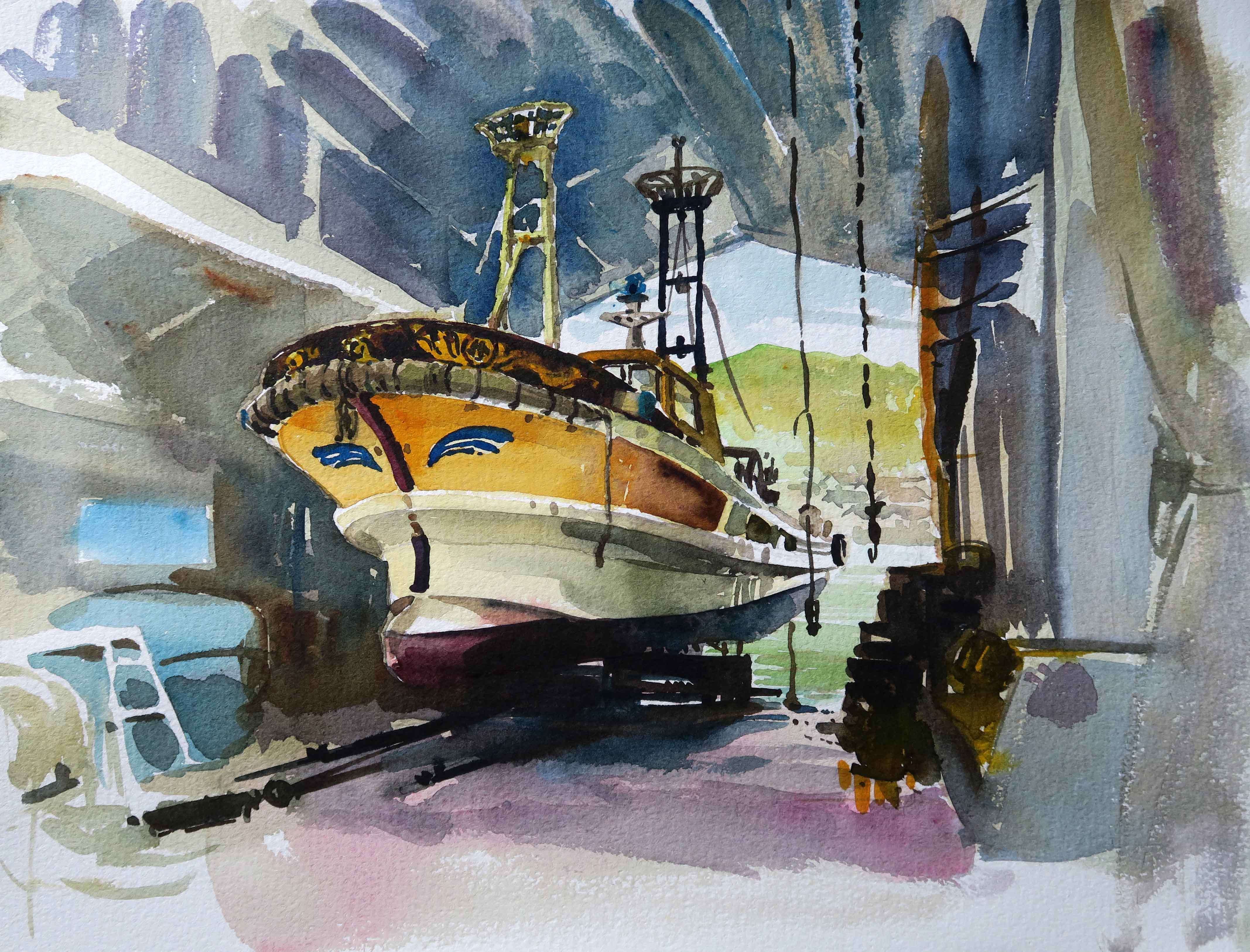 宿場町「室津」の小さなドック／海辺の水彩画｜海の音 - umi no oto