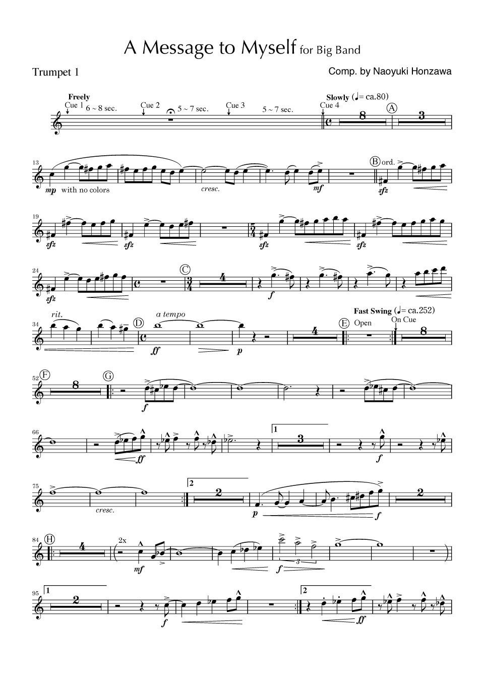 ア・メッセージ・トゥ・マイセルフ ビッグバンド 楽譜｜本澤なおゆき