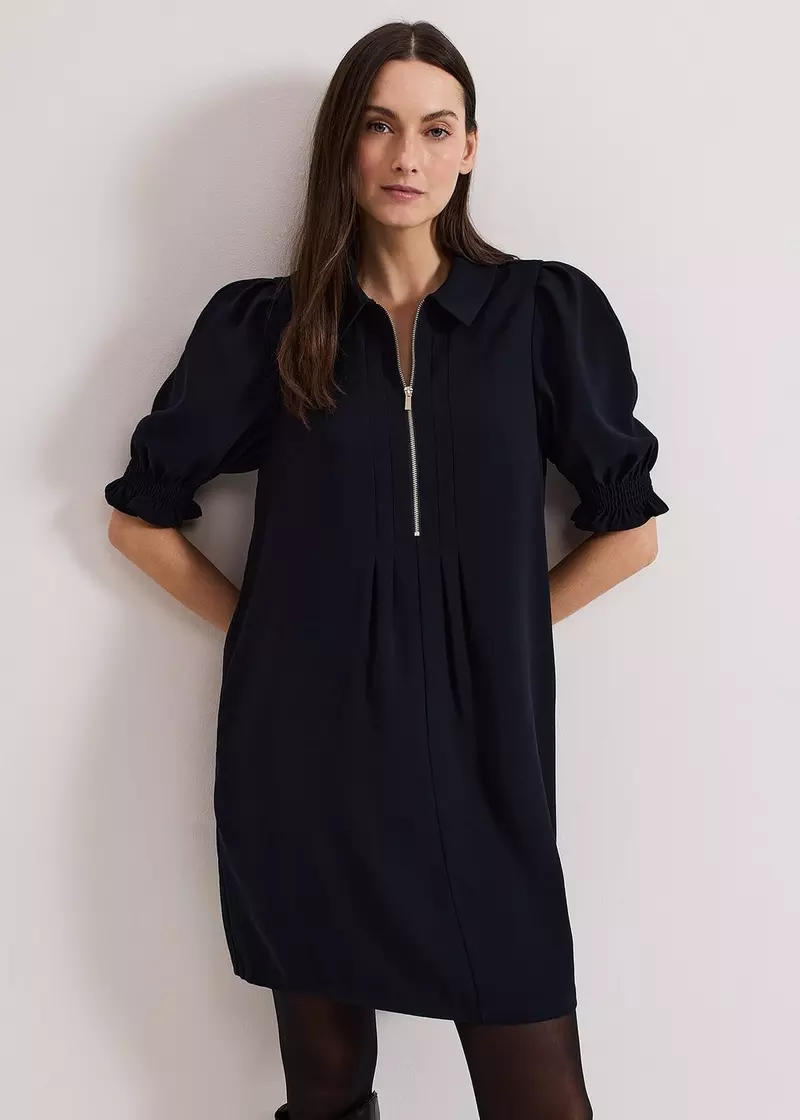 Navy Zip Mini Dress with Frill Sleeve Cuffs | Phase Eight | Phase