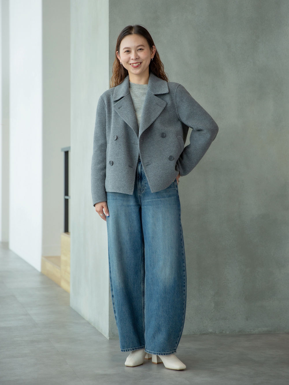 ダブルフェイスショートコートリラックスフィット、カシミヤクルー