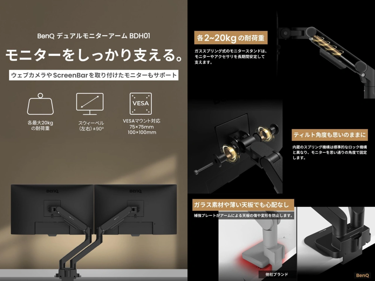 BenQ Japan、最大35インチ20kgまでのモニターを2台設置できるガス