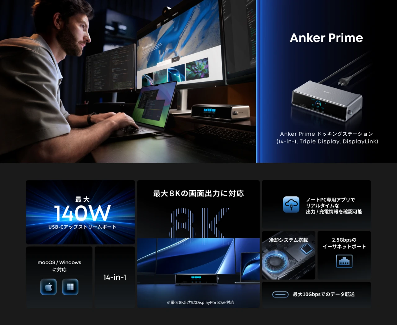 Anker Japan、DisplayLinkチップを採用し8Kと4K60Hz x2のトリプル