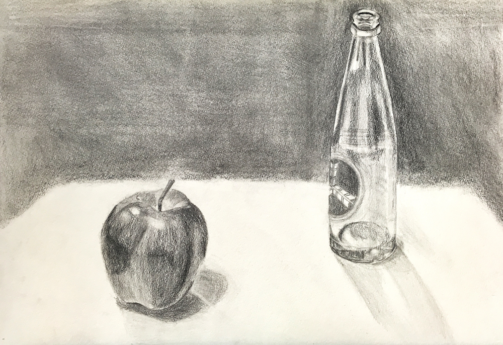 鉛筆デッサン「三ツ矢サイダーの瓶と、りんご（偽）」（参考作品紹介