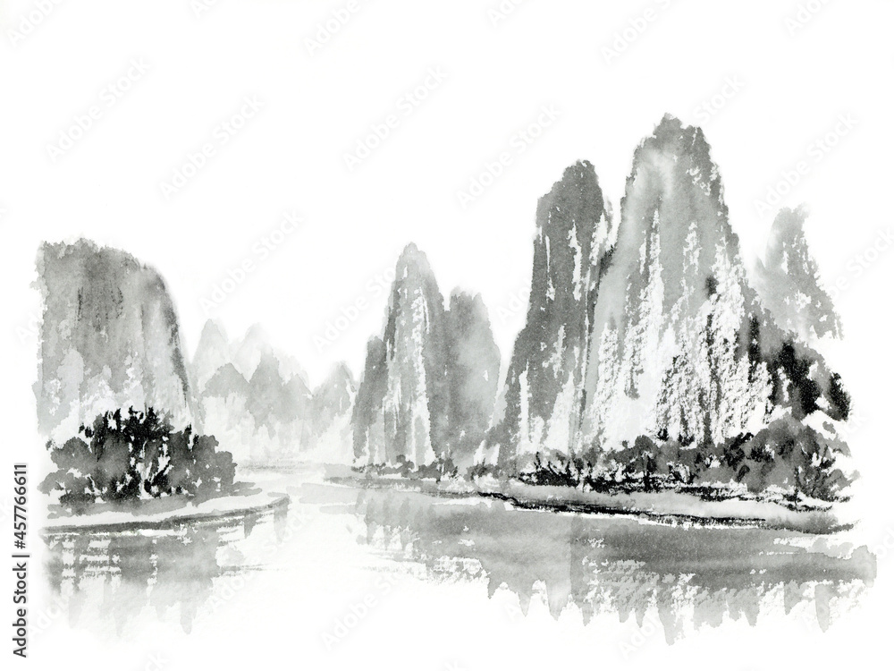 中国の山と湖の水墨画 山水画 墨絵 Stock Illustration | Adobe Stock