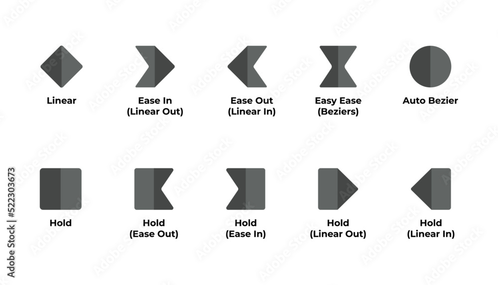 Keyframe Icons set. Linear key frames, bezier and hold keyframes