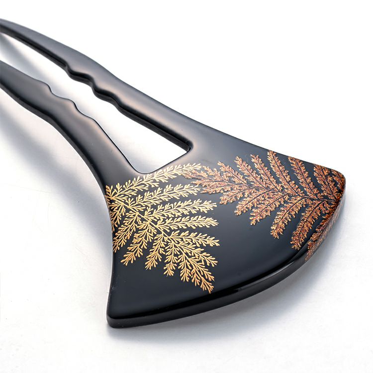 本漆塗り山中蒔絵本金粉使用かんざし 楓（かえで）台 銀杏型 菊文様 髪