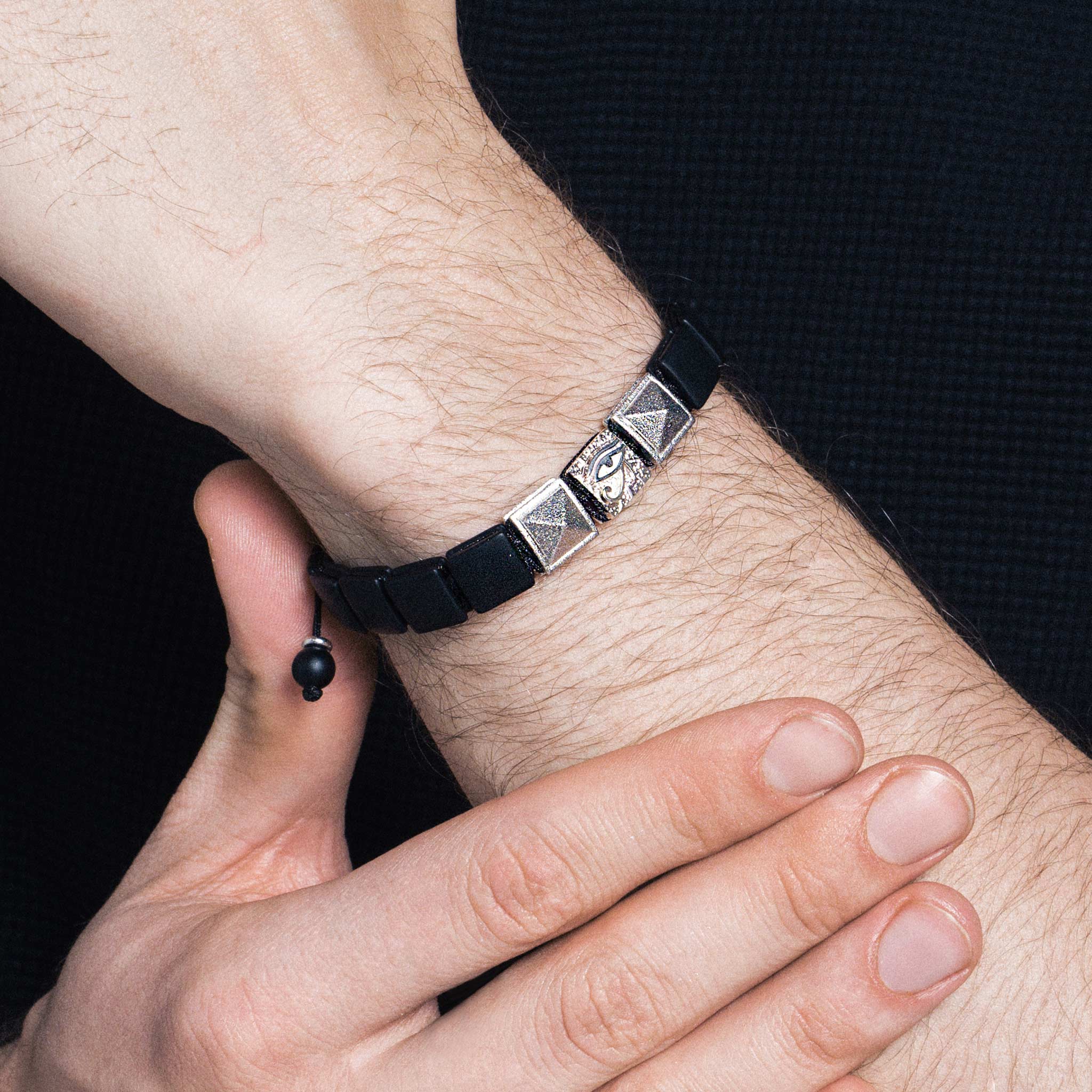 Black Onyx, Eye of Horus, and Pyramid Flatbead Bracelet for Men
