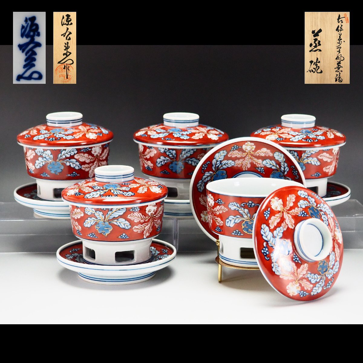 02241 古伊万里色絵蓋付茶碗十客 古伊万里 松竹梅文蓋付茶碗(