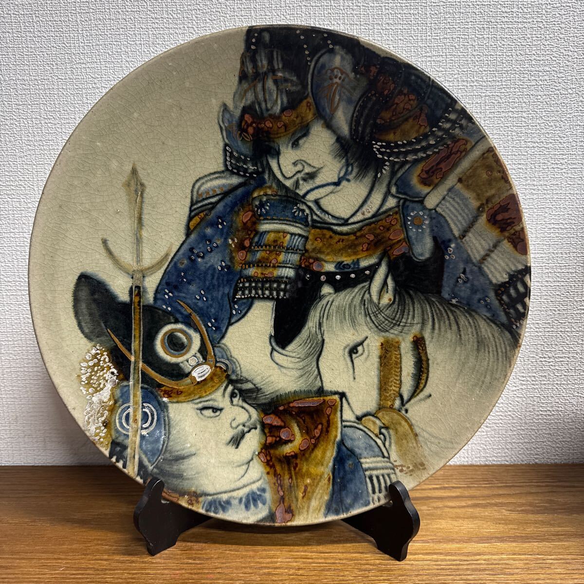 耕雲 第十四代 大畑力三 益子焼き 直径37cm武者絵皿 陶器皿 耕雲 第十