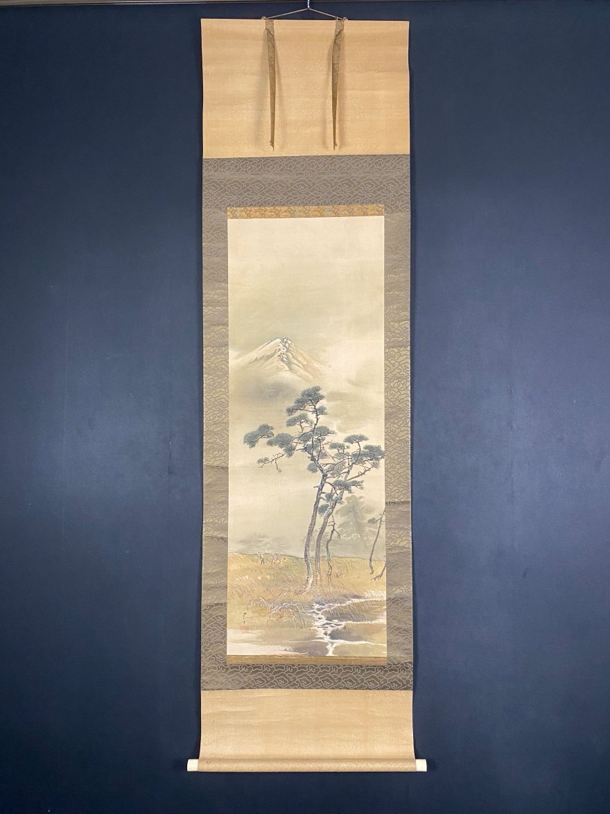 真作】寺崎廣業/雪景田家図/山水図/掛軸/名家伝来/AC-163 真