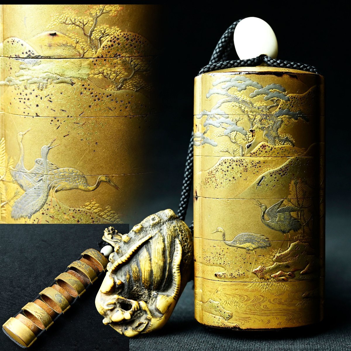 時代物 波に鶴 蒔絵印籠 根付 時代物 波に鶴 蒔絵印籠 根付 時代物 波