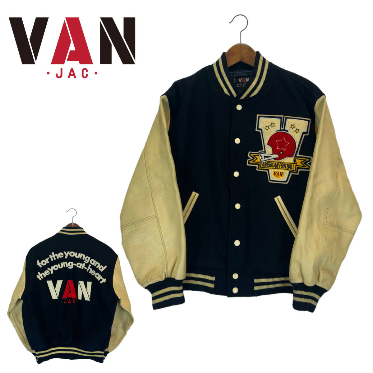 美品 VAN JAC アーチロゴ 袖レザー スタジャン 羊革 L ブラック｜Yahoo