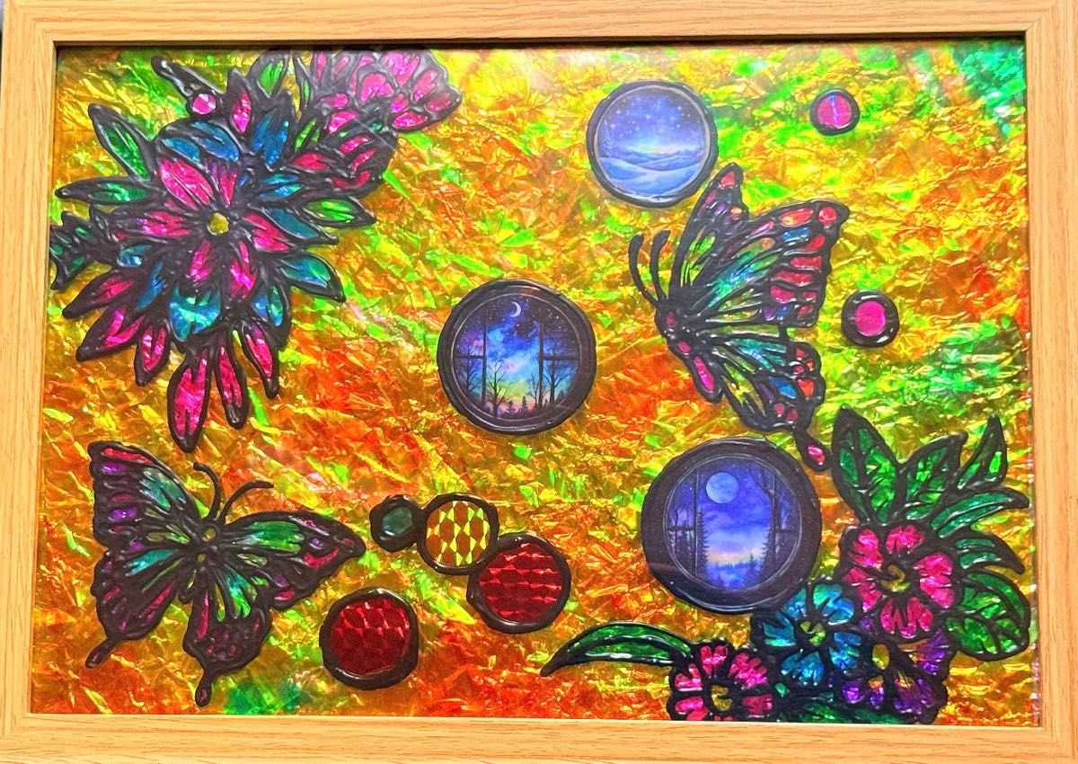 朝焼けと馬干支ステンドグラスガラス絵の具金運開運絵画富士山犬猫風景