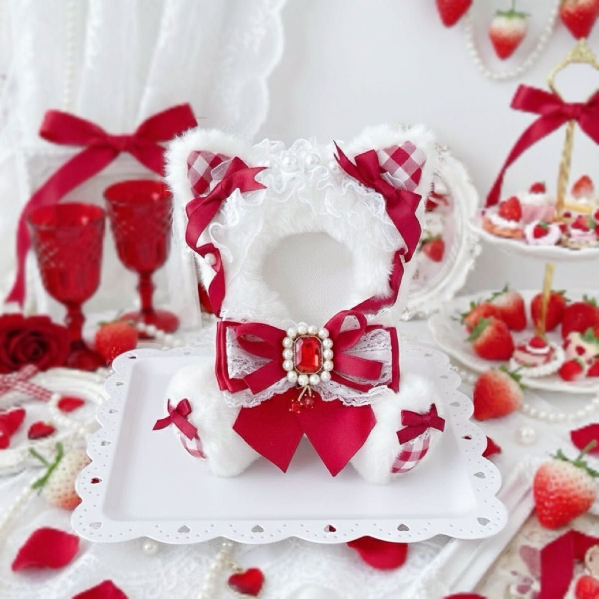 甘ロリホイップ千鳥柄×しろねこ】16cm おすわりぬい服 ピンク